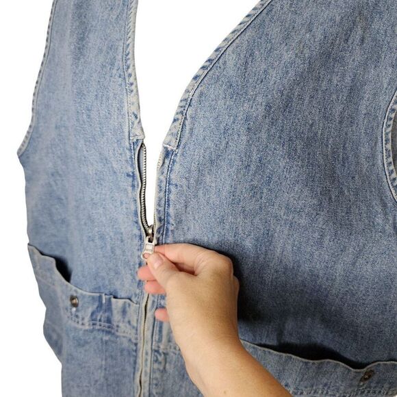 Vintage 80s Denim Vest Pockets Womens Size L Blue Zip Front - Picture 3 of 8